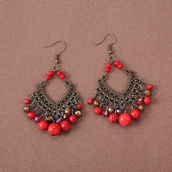 Ethnic Style Water Droplets Red Bead Hollow Alloy Turquoise Tassel Earrings Hook - Picture 1 of 10